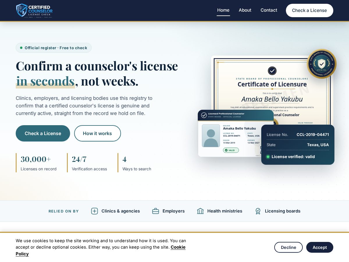 Landing-page snapshot of certifiedcounselorcheck.org