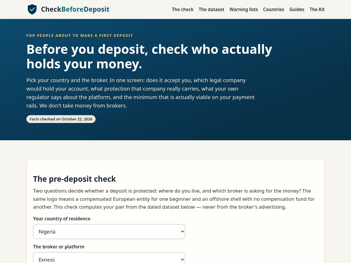 Landing-page snapshot of checkbeforedeposit.com