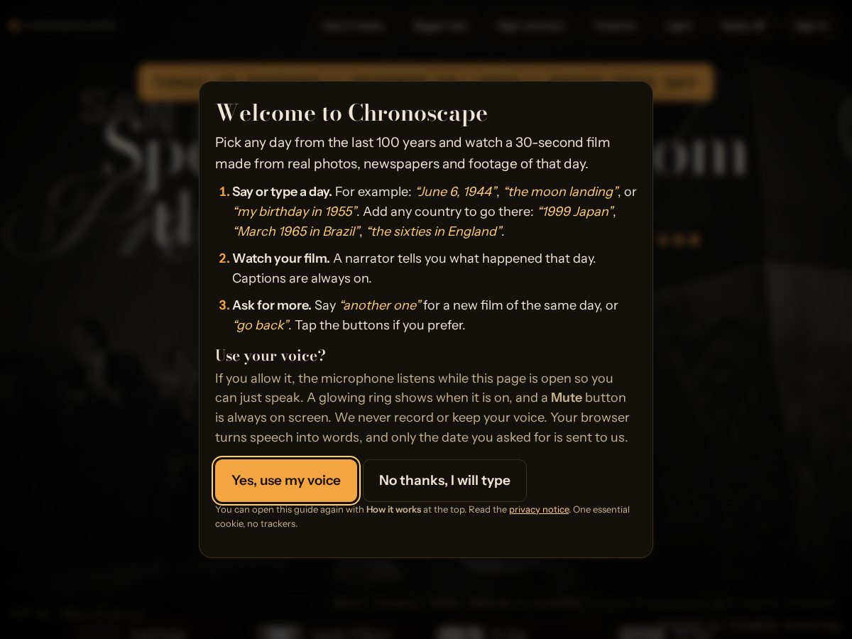 Landing-page snapshot of chronoscape.live