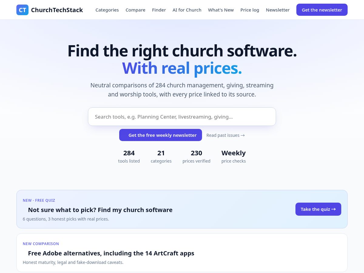 Landing-page snapshot of churchtechstack.com