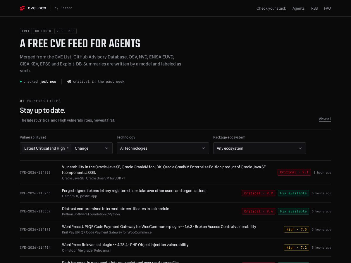 Landing-page snapshot of cve.now