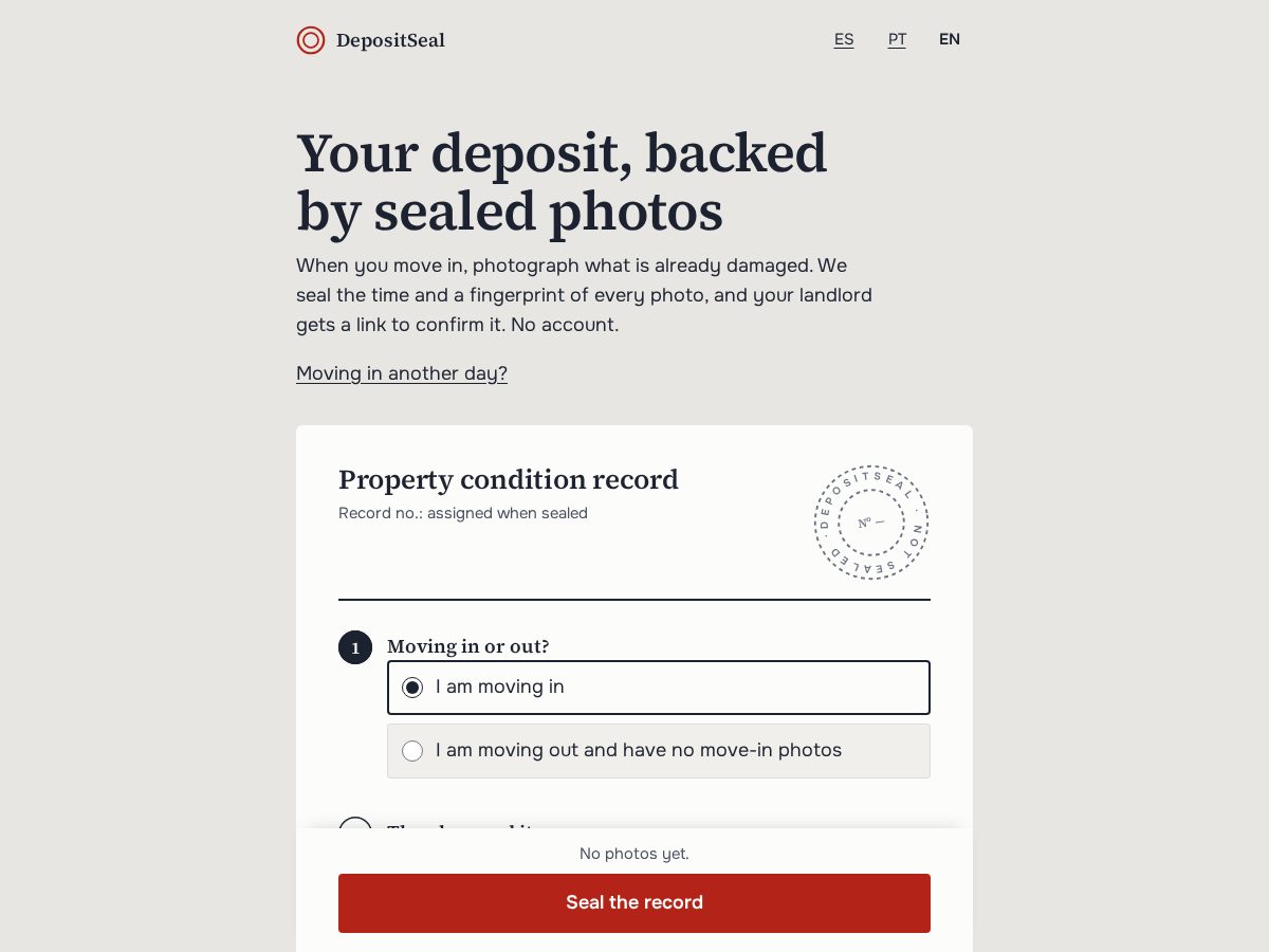 Landing-page snapshot of depositseal.com