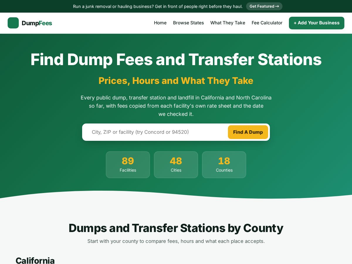 Landing-page snapshot of dumpfees.org