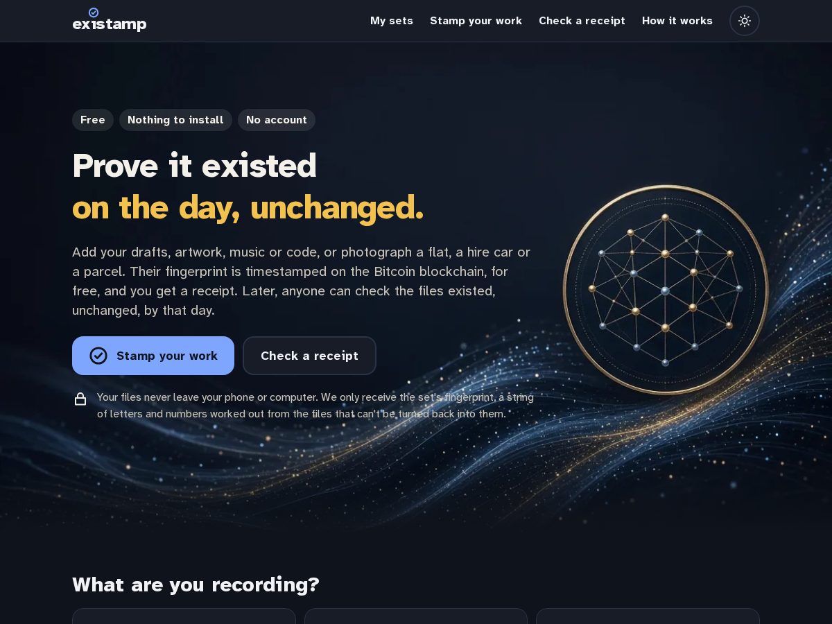 Landing-page snapshot of existamp.com