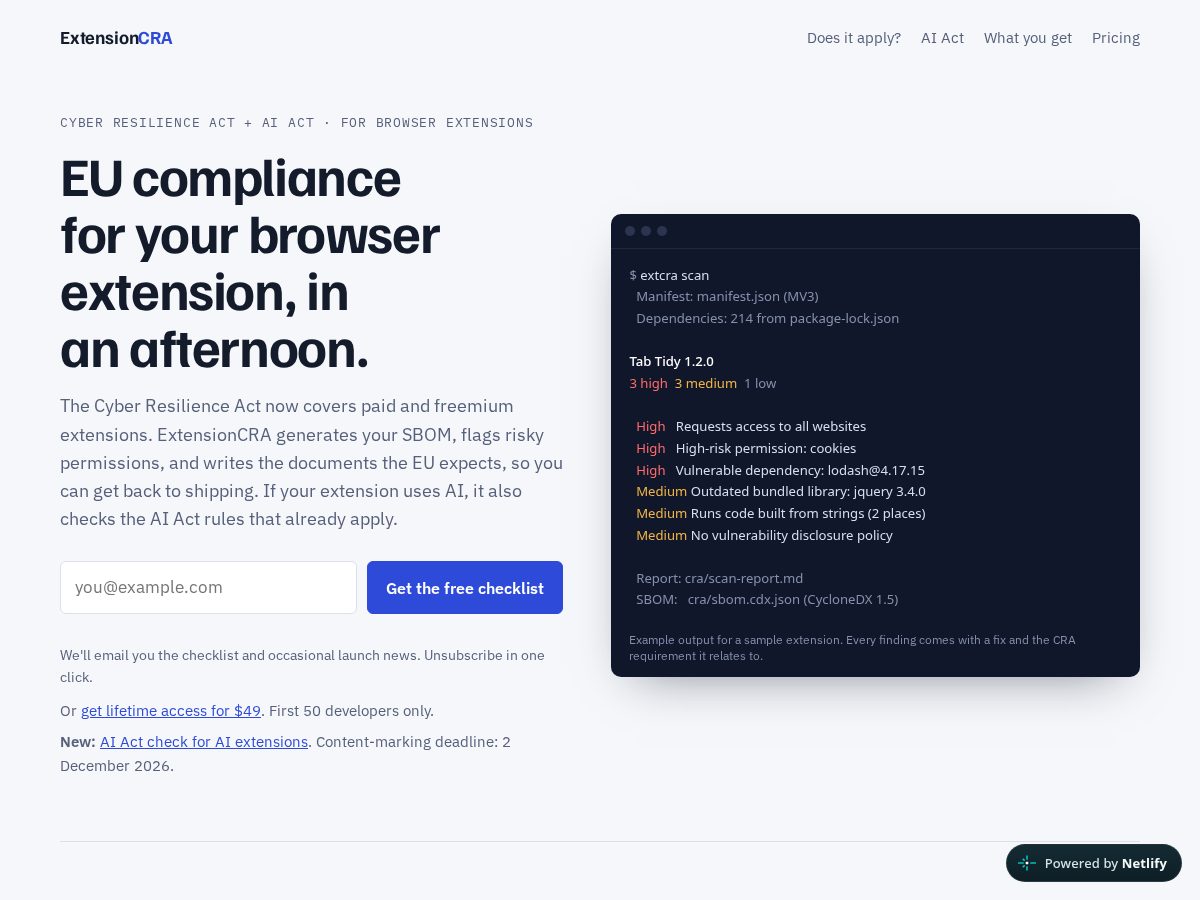Landing-page snapshot of extensioncra.com