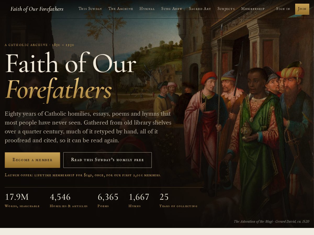 Landing-page snapshot of faithofourforefathers.com
