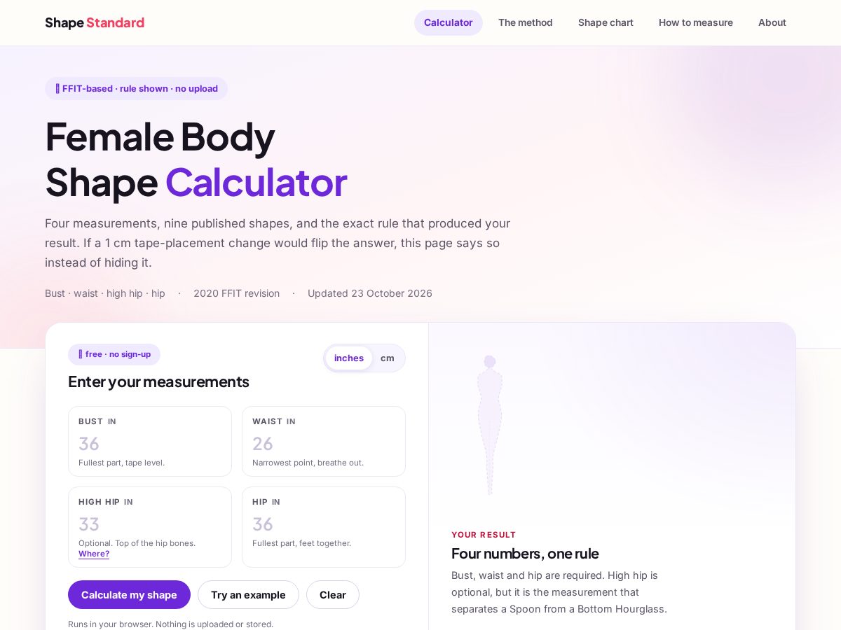 Landing-page snapshot of femalebodyshapecalculator.com