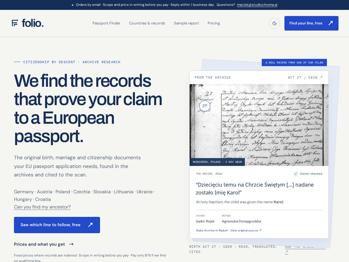 Landing-page snapshot of foliogenealogy.com