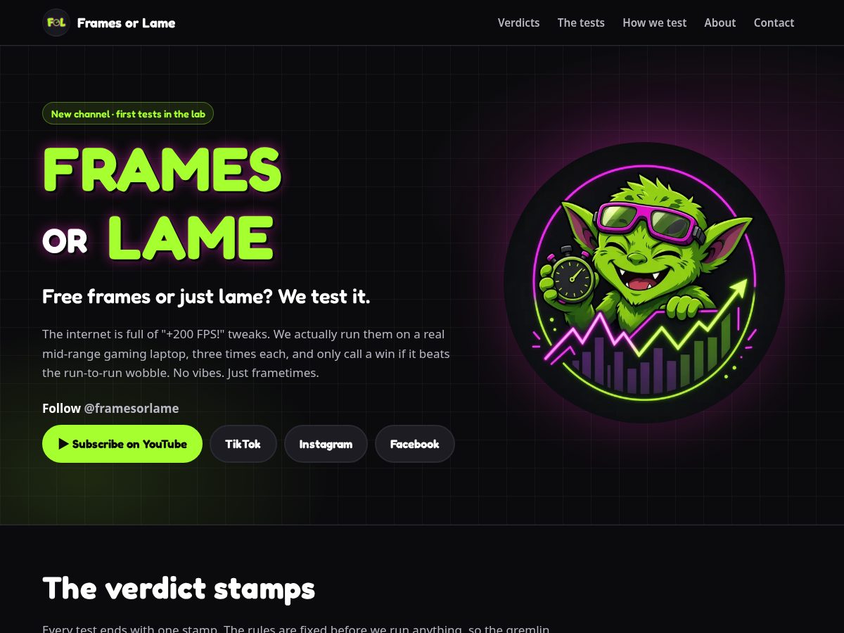 Landing-page snapshot of framesorlame.com