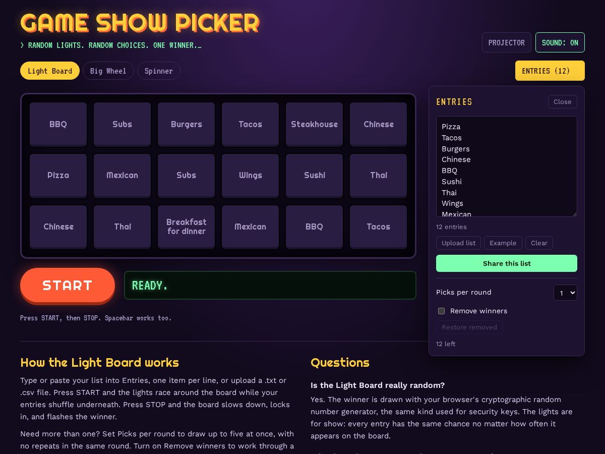 Landing-page snapshot of gameshowpicker.com