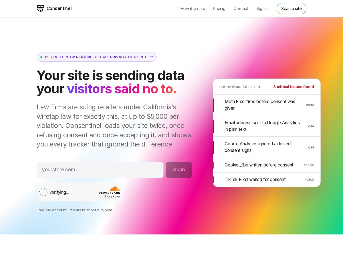 Landing-page snapshot of getconsentinel.com