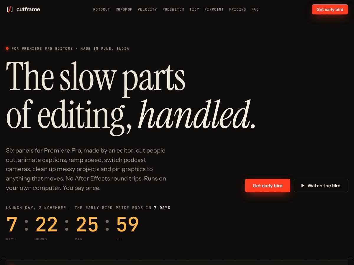 Landing-page snapshot of getcutframe.com