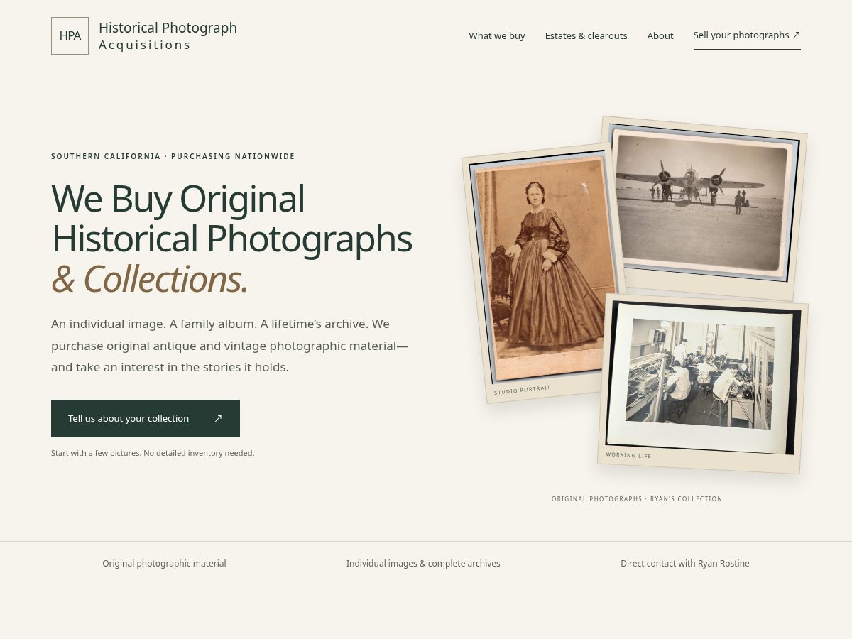 Landing-page snapshot of historicalphotographacquisitions.com