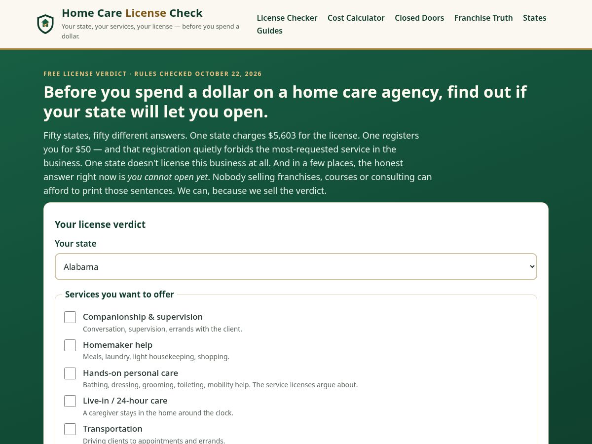 Landing-page snapshot of homecarelicensecheck.com