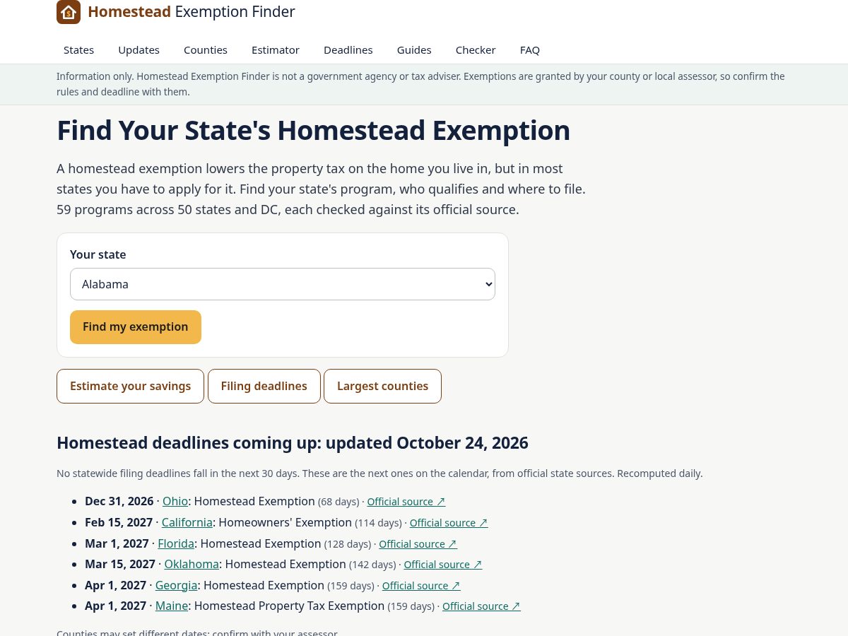 Landing-page snapshot of homesteadexemptionfinder.com