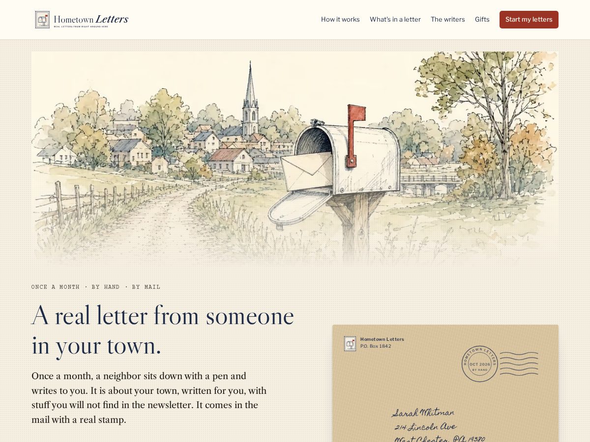 Landing-page snapshot of hometownletters.com