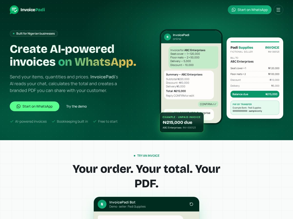 Landing-page snapshot of invoicepadi.com