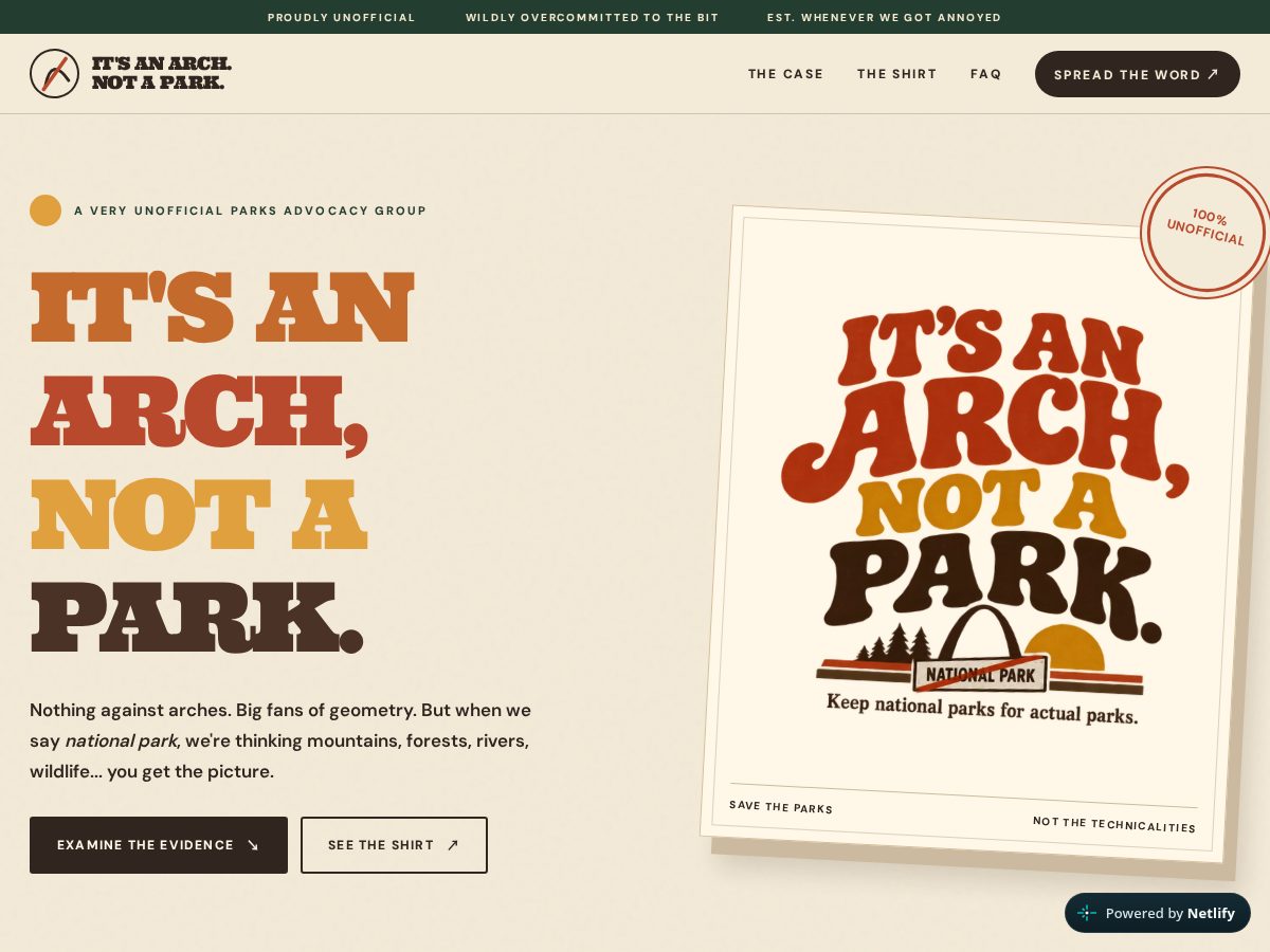 Landing-page snapshot of itsanarchnotapark.com