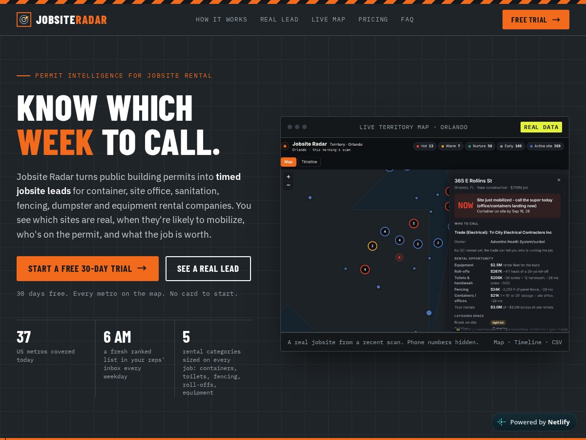Landing-page snapshot of jobsite-radar.com