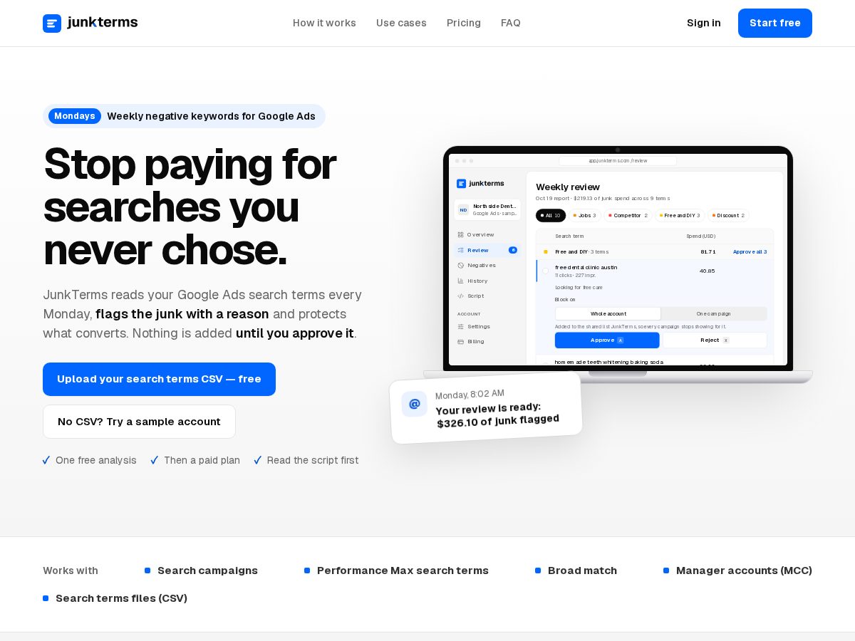 Landing-page snapshot of junkterms.com