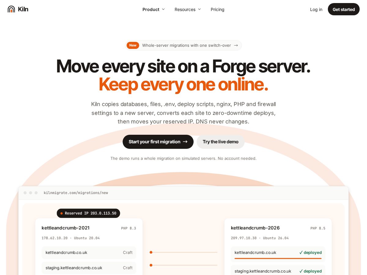 Landing-page snapshot of kilnmigrate.com