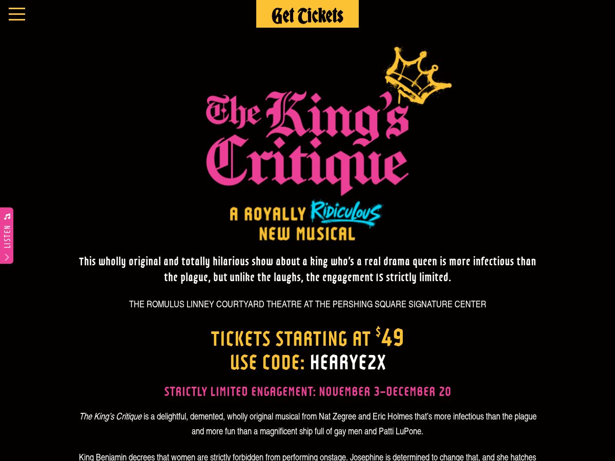 Landing-page snapshot of kingscritiquethemusical.com