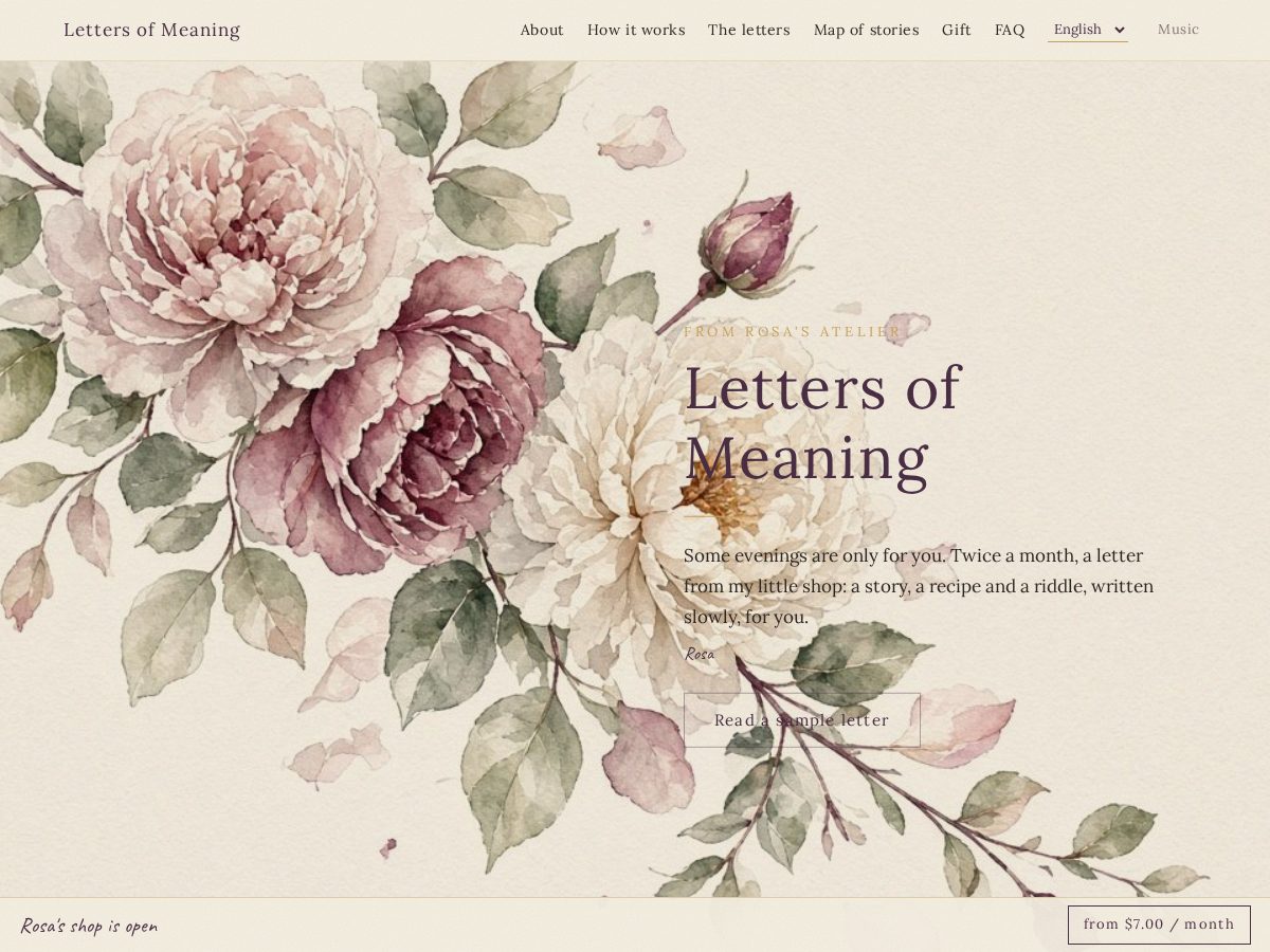 Landing-page snapshot of lettersofmeaning.com