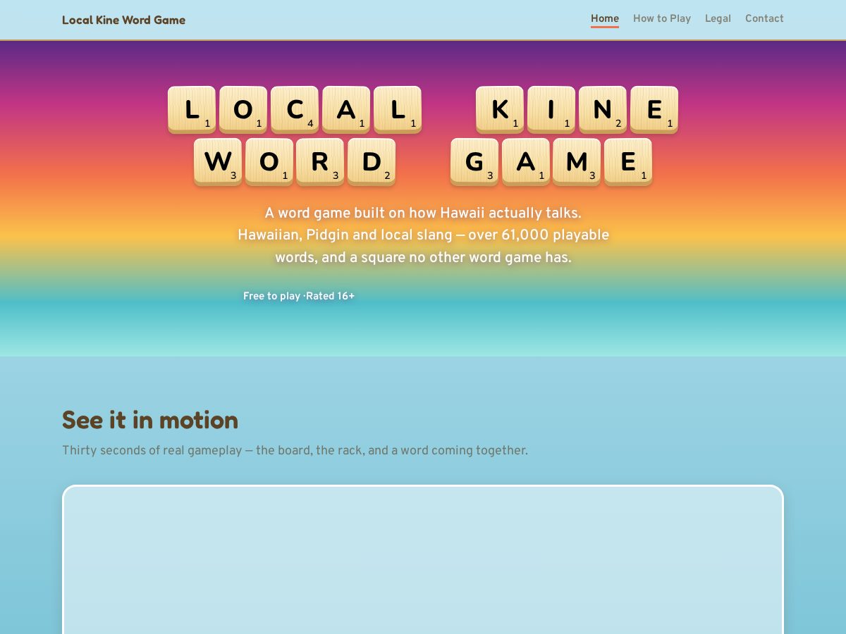 Landing-page snapshot of localkinewordgame.com
