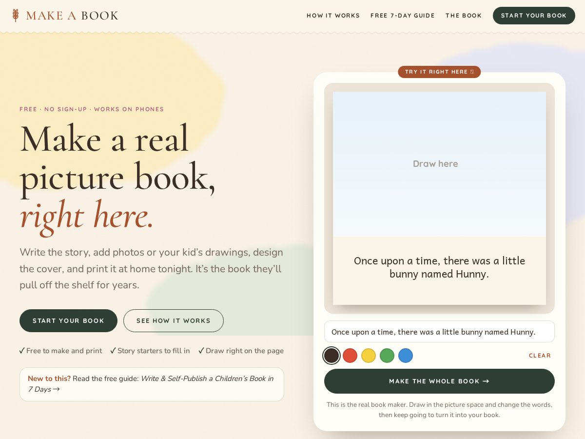 Landing-page snapshot of makeabook.fun