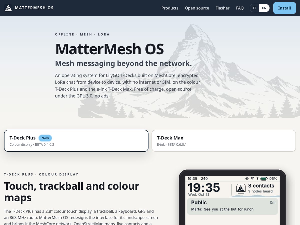 Landing-page snapshot of mattermeshos.com