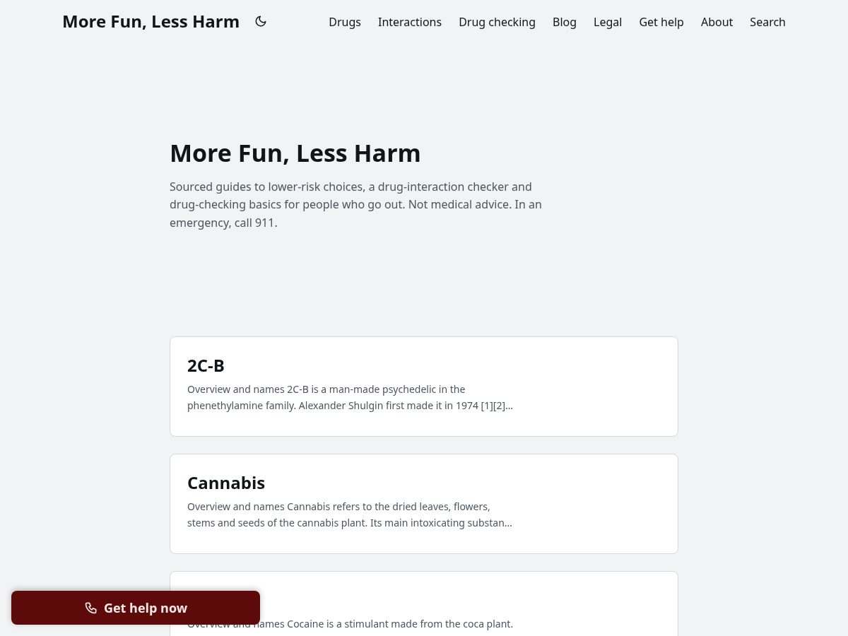 Landing-page snapshot of morefunlessharm.com