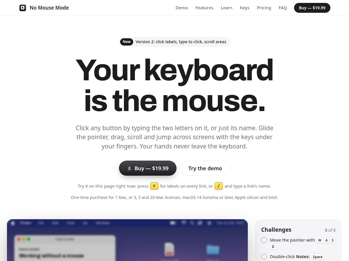 Landing-page snapshot of nomousemode.com