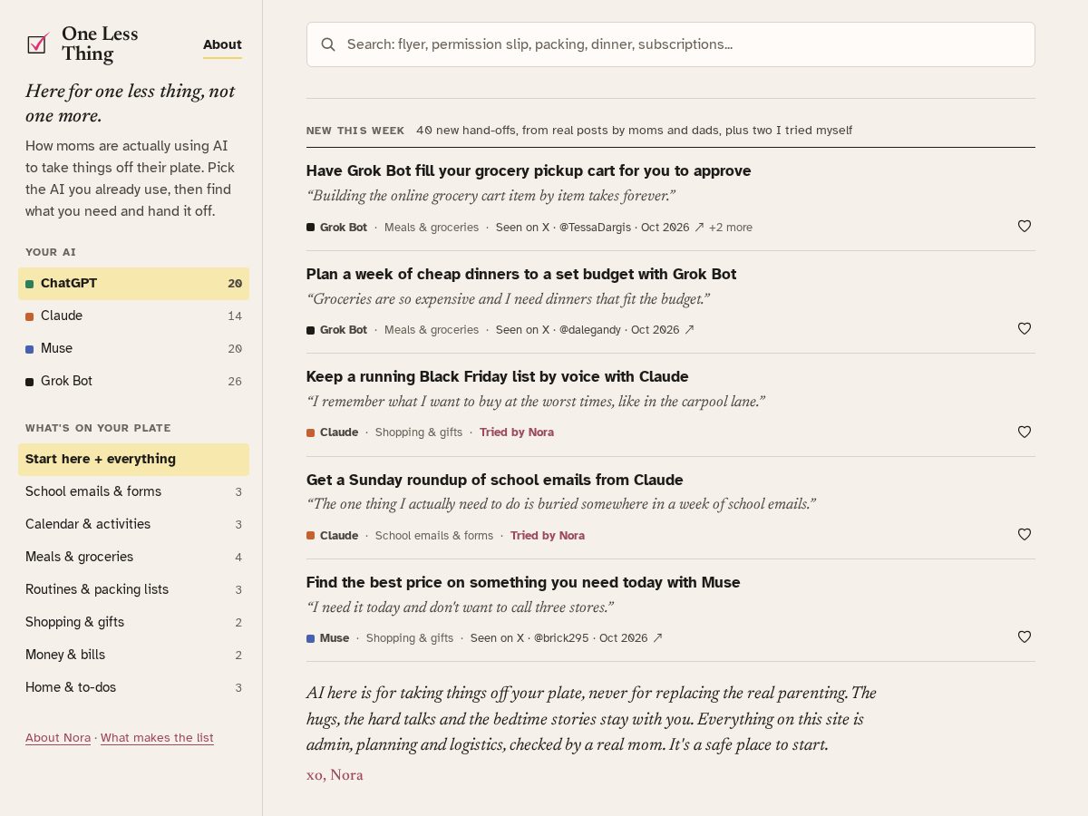 Landing-page snapshot of onelessthingmom.com