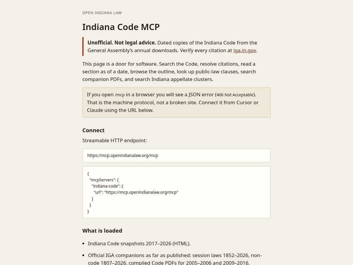Landing-page snapshot of openindianalaw.org