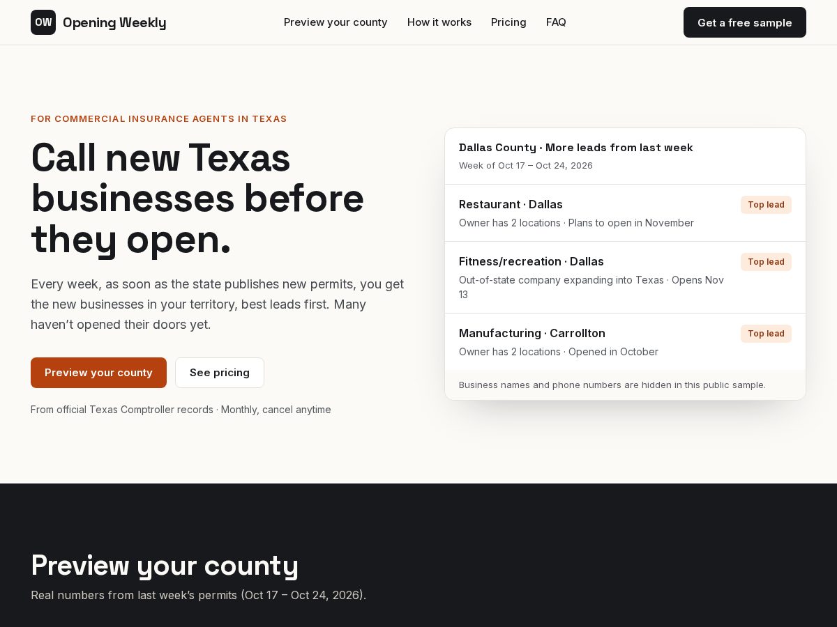 Landing-page snapshot of openingweekly.com