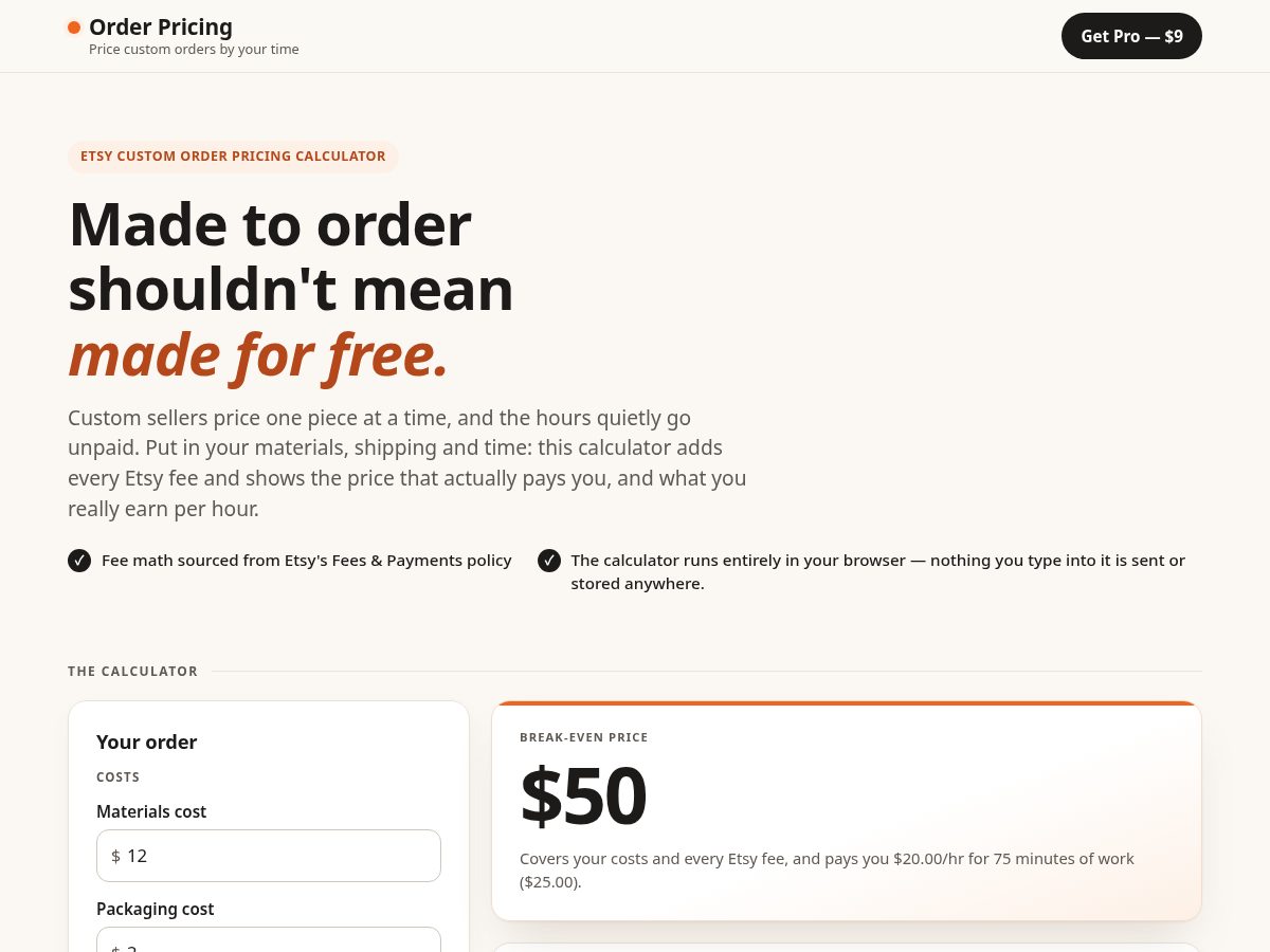 Landing-page snapshot of orderpricing.com