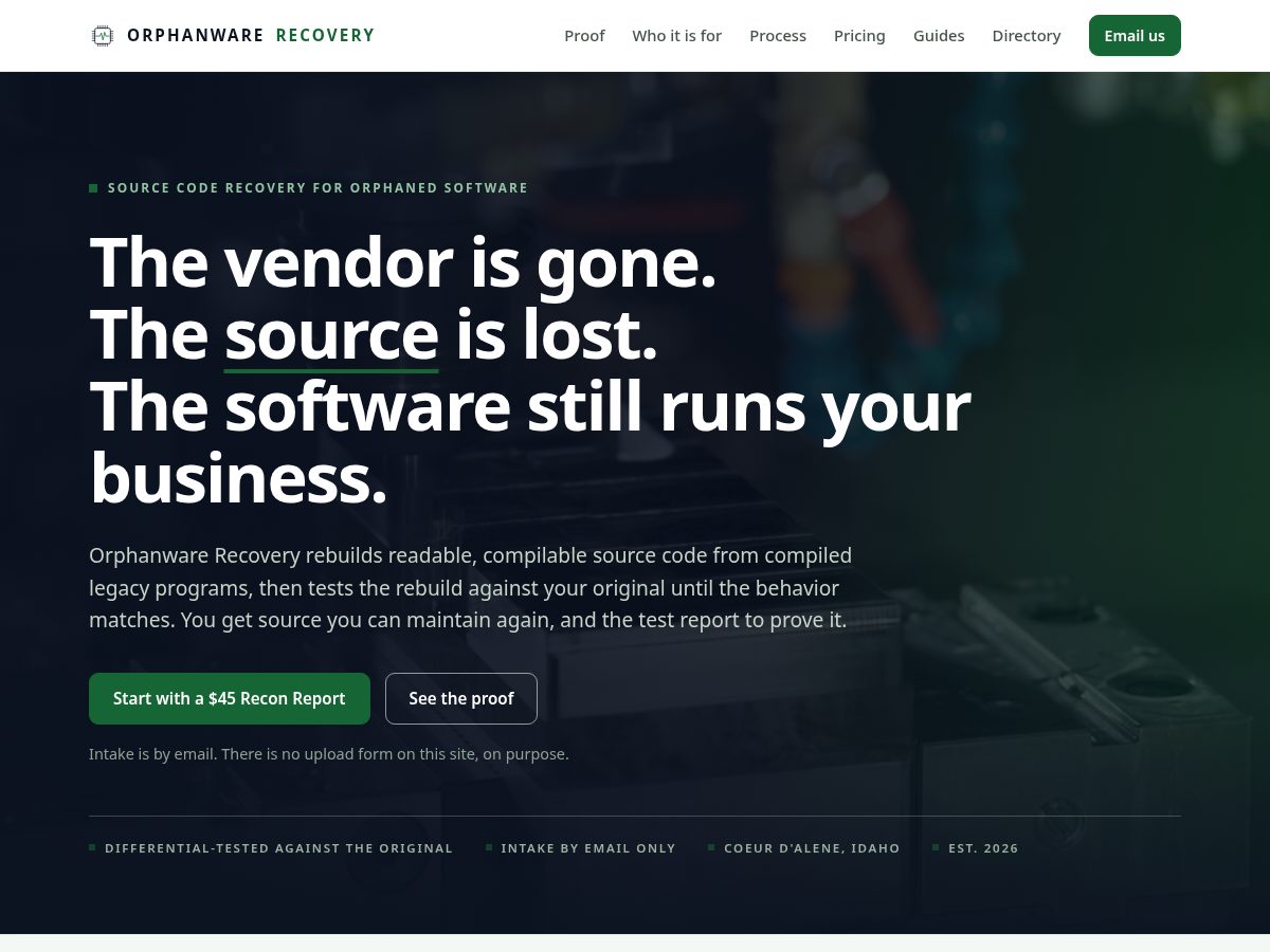 Landing-page snapshot of orphanwarerecovery.com