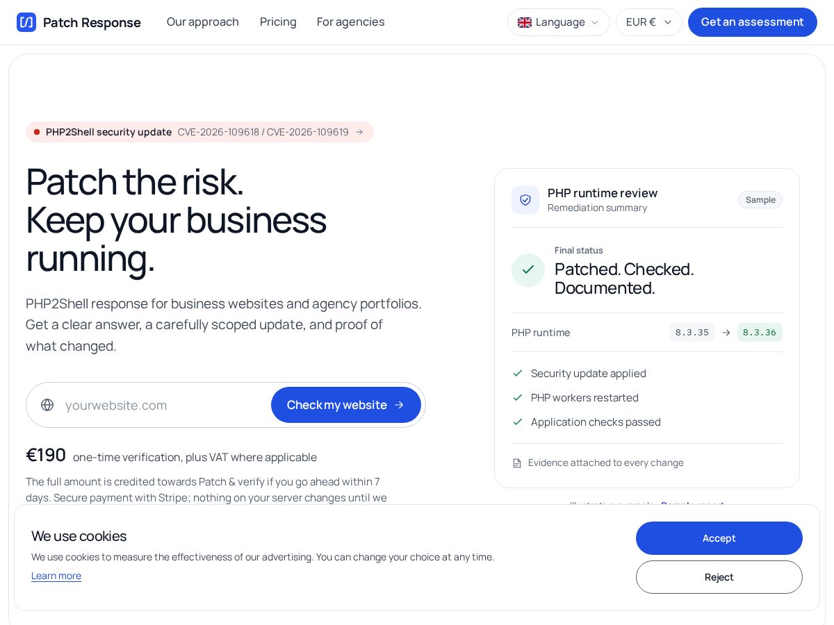 Landing-page snapshot of patchresponse.com