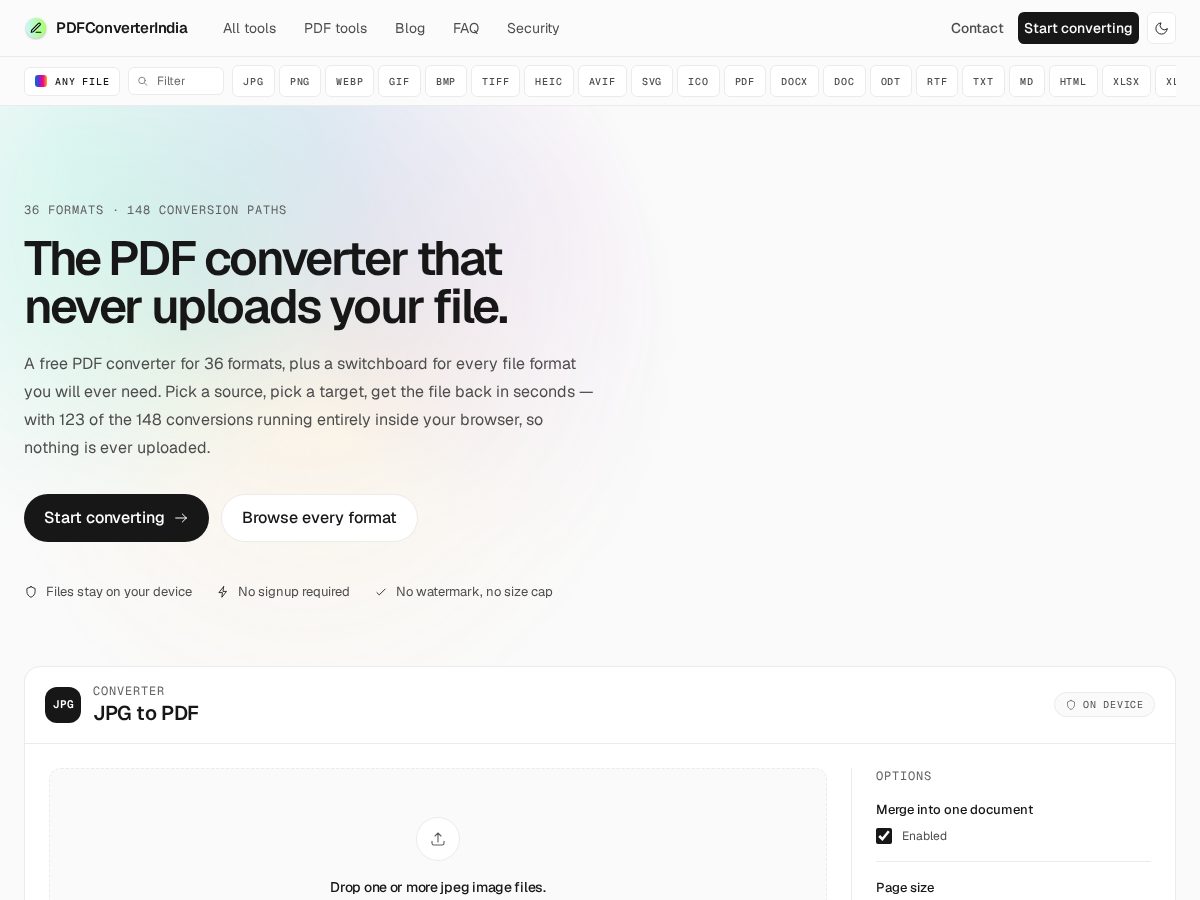 Landing-page snapshot of pdfconverterindia.com