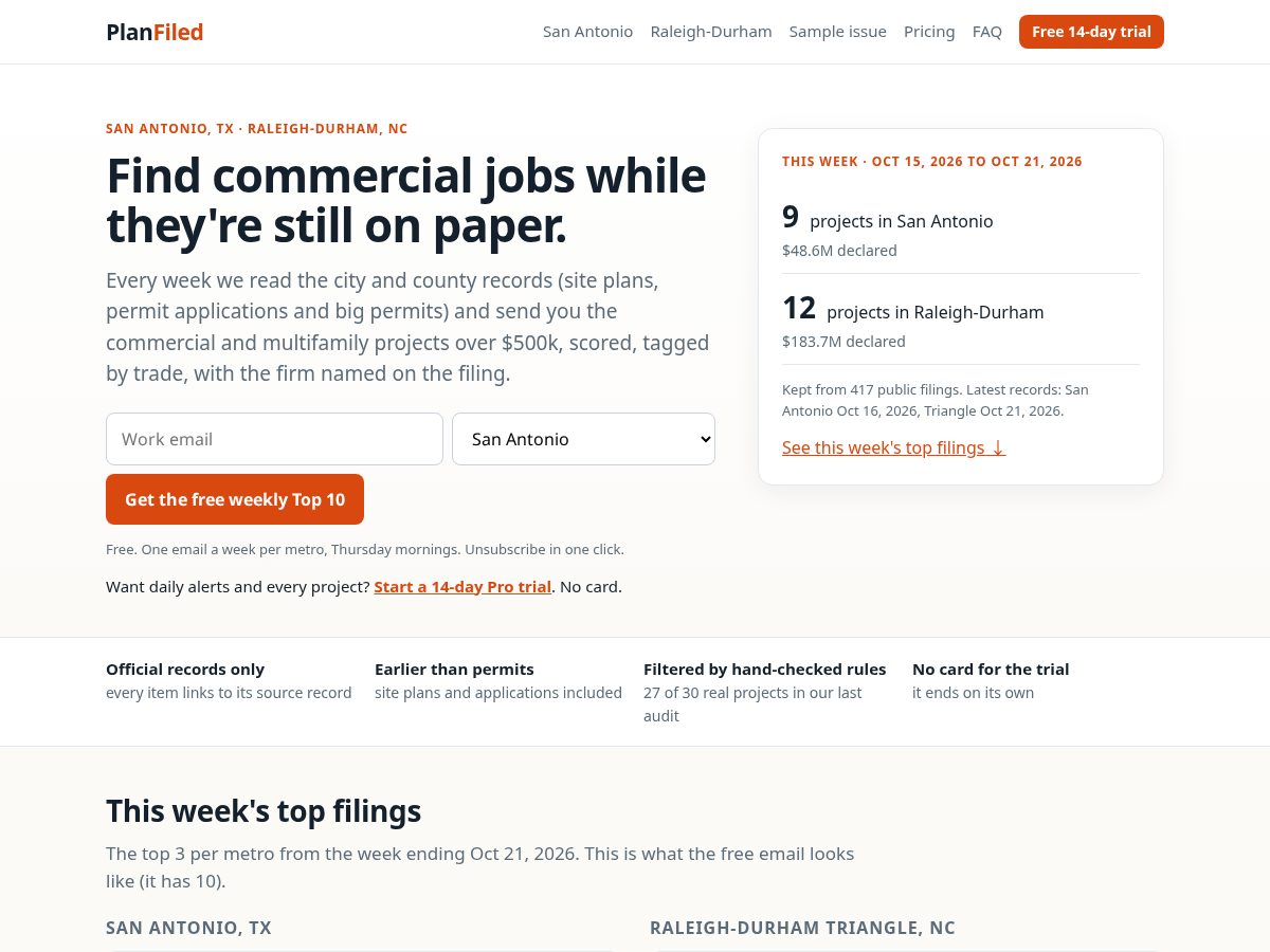 Landing-page snapshot of planfiled.com