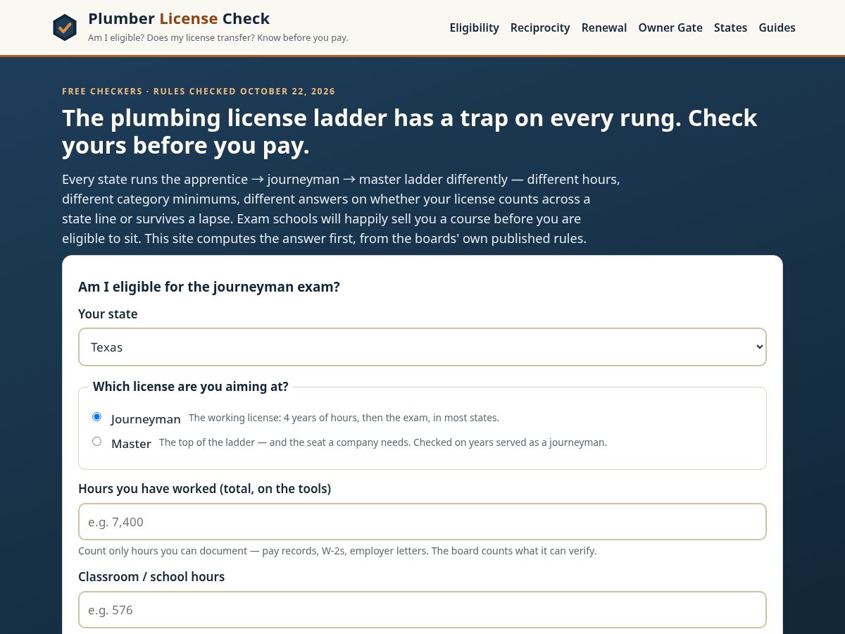 Landing-page snapshot of plumberlicensecheck.com