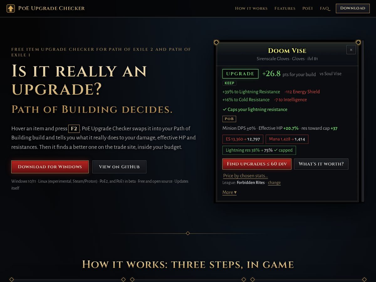 Landing-page snapshot of poe2upgrade.com