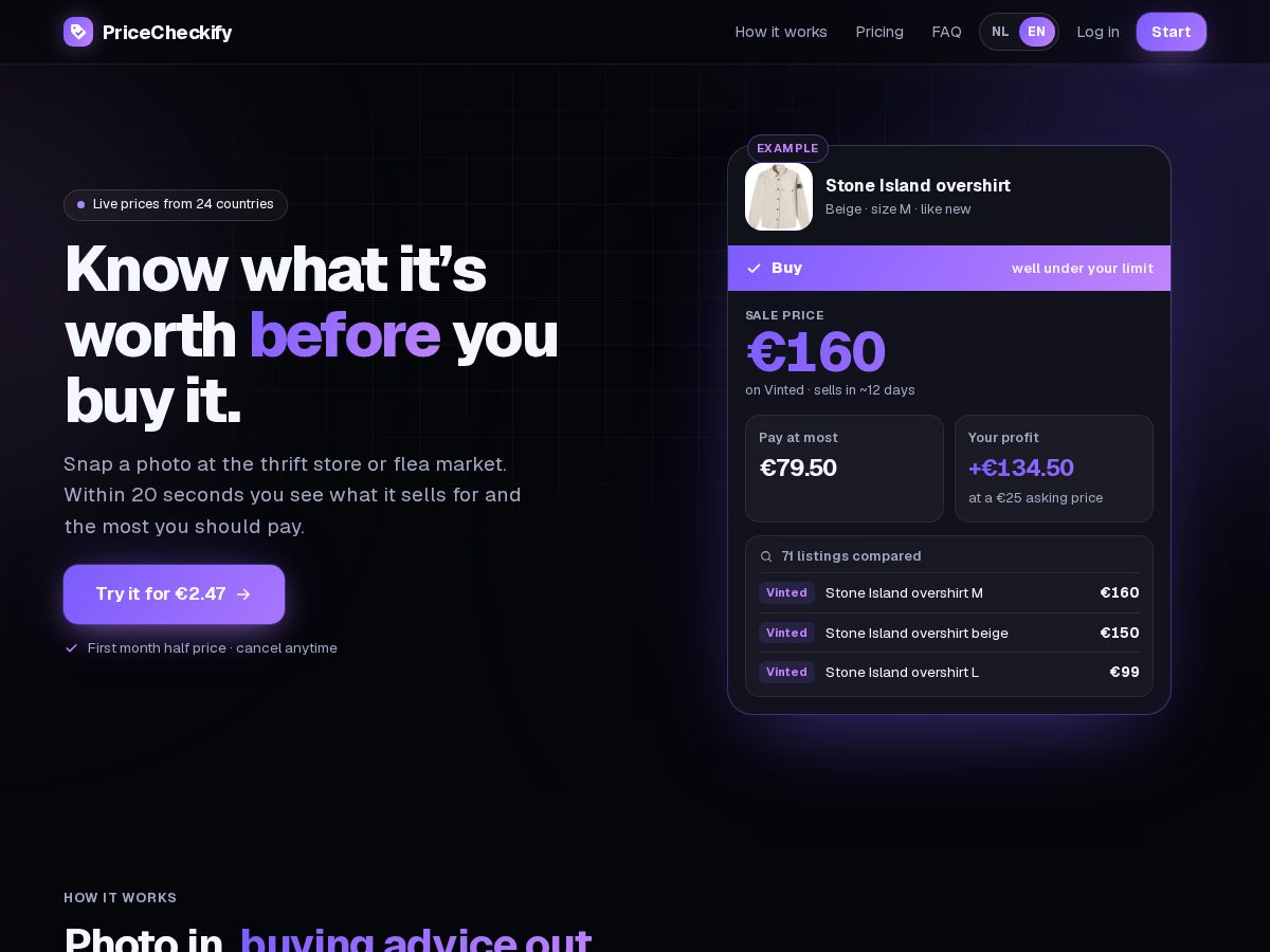 Landing-page snapshot of pricecheckify.com