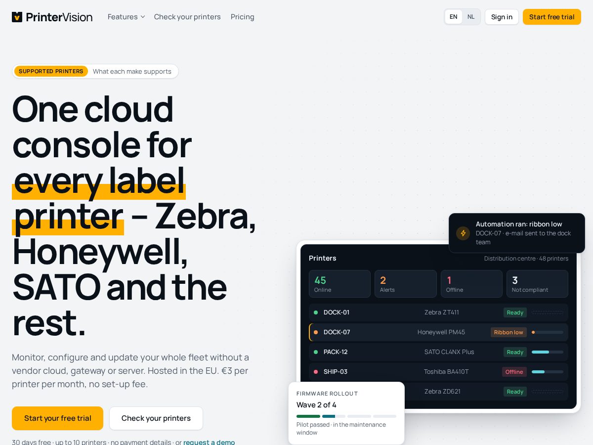 Landing-page snapshot of printer.vision