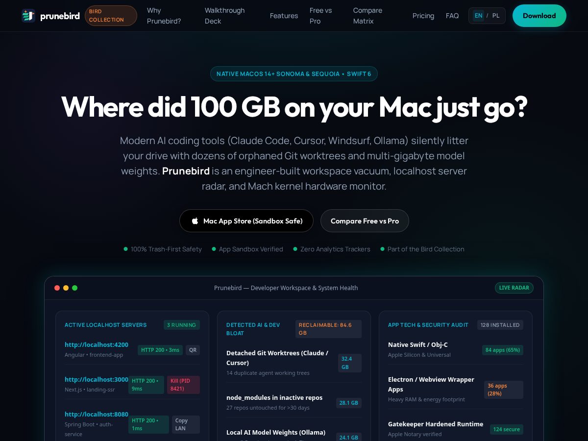 Landing-page snapshot of prunebird.com