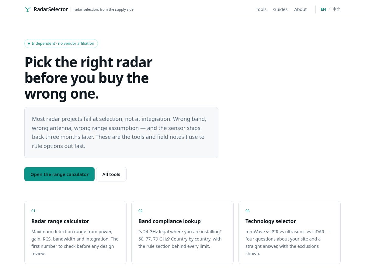 Landing-page snapshot of radarselector.com