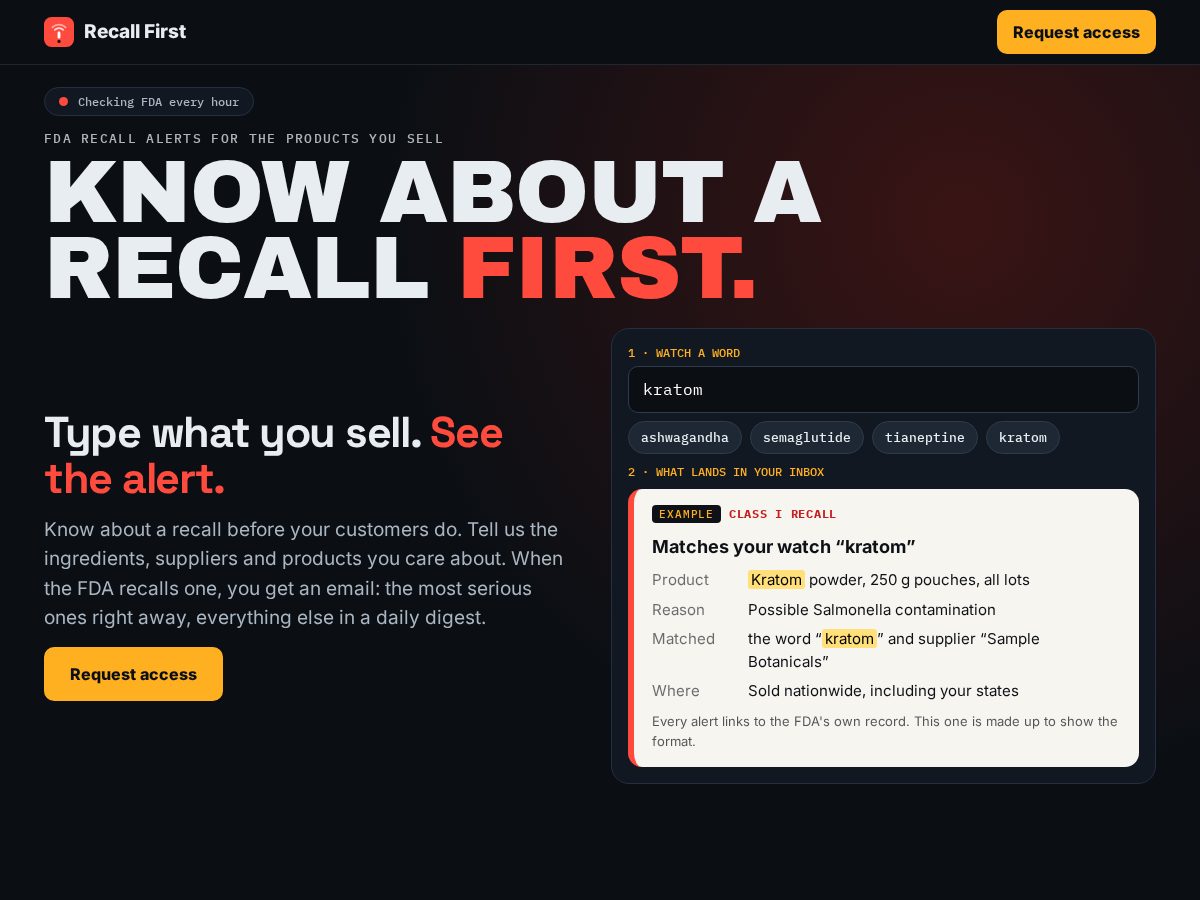Landing-page snapshot of recallfirst.com