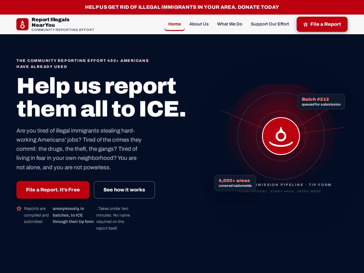 Landing-page snapshot of reportillegalsnearyou.com