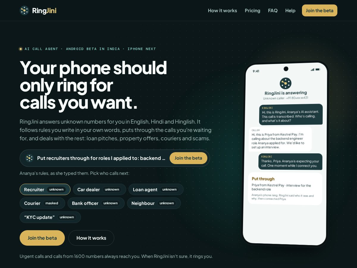 Landing-page snapshot of ringjini.com