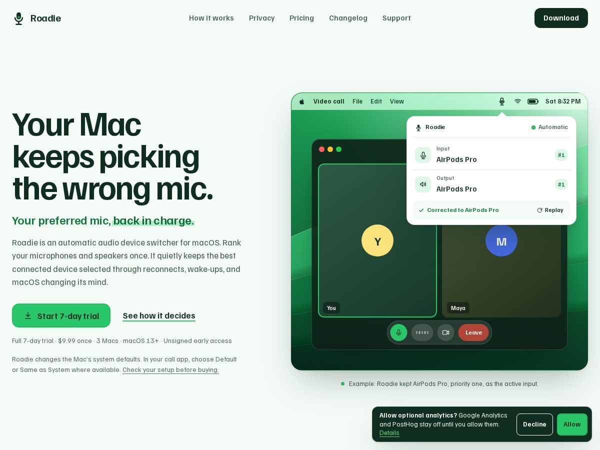 Landing-page snapshot of roadieformac.com